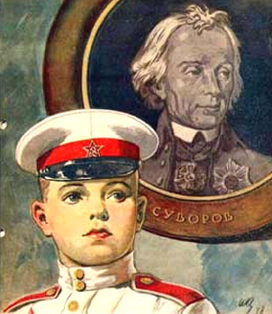 Суворовец на фоне портрета Суворова