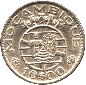 Obverse Portuguese Mozambique 10 escudo 1974