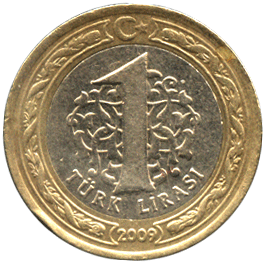 аверс 1 лира Турция 2009 год