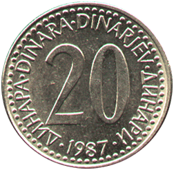 аверс 20 динар 1987 год Югославия
